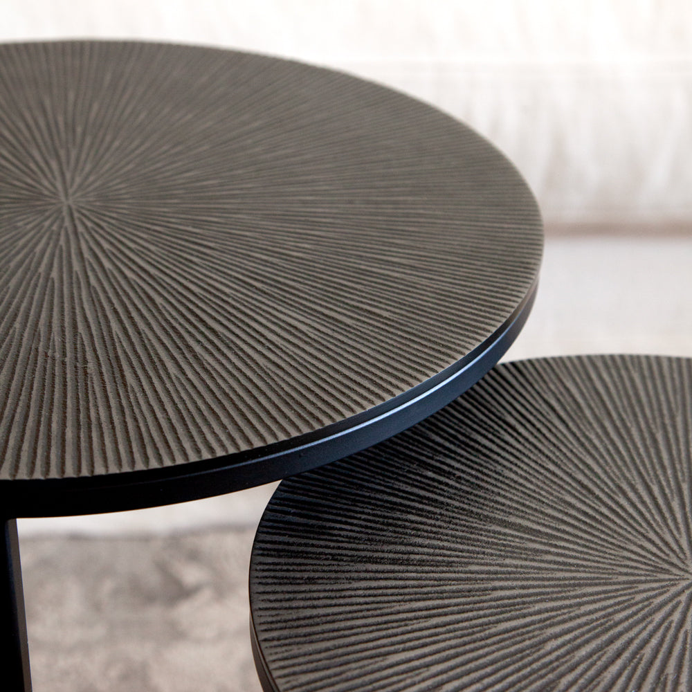 Close up showing the etched style finish of the Madison round side table set.