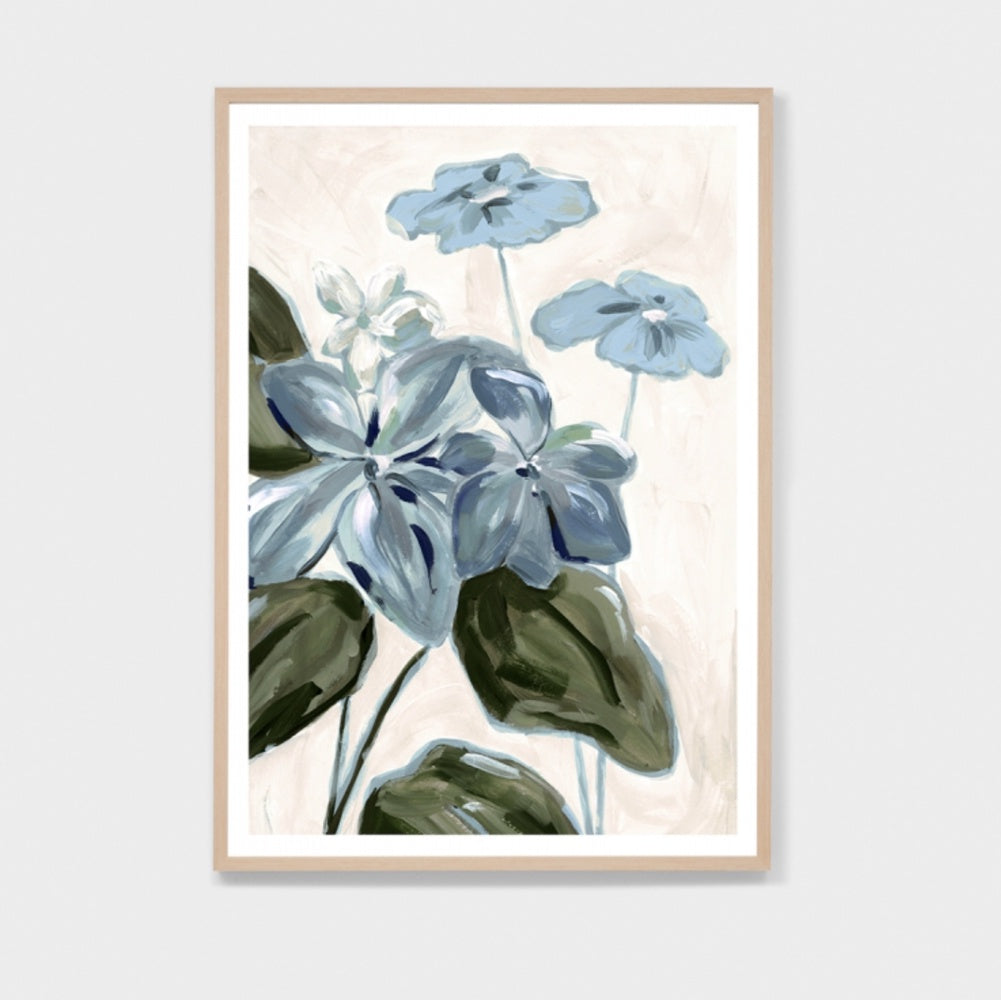 Print of a painted artwork featuring a soft beige background with blue flowers and green leaves. 