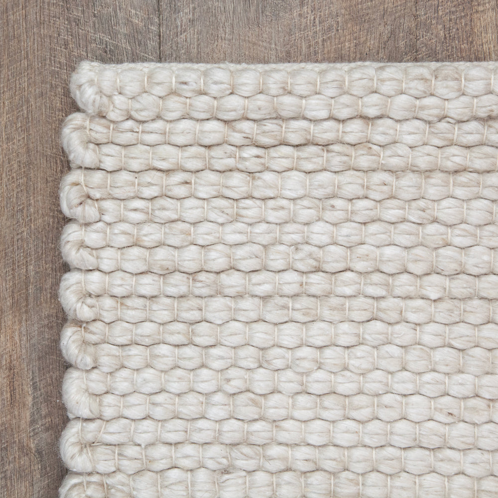 Close up of light coloured indoor outdoor rug.