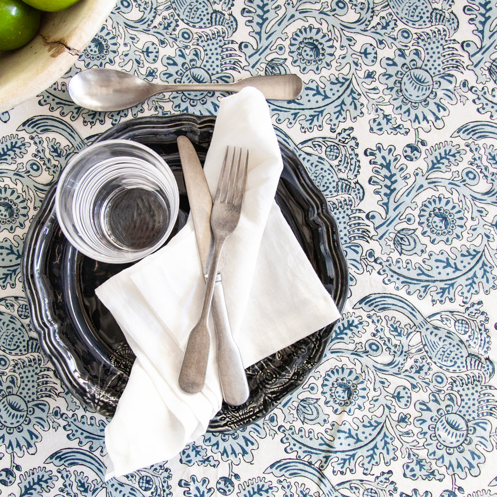 Blue floral block printed tablecloth. 