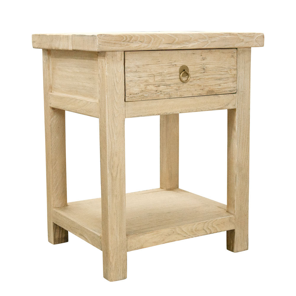 Clean simple elm wood bedside table with drawer.