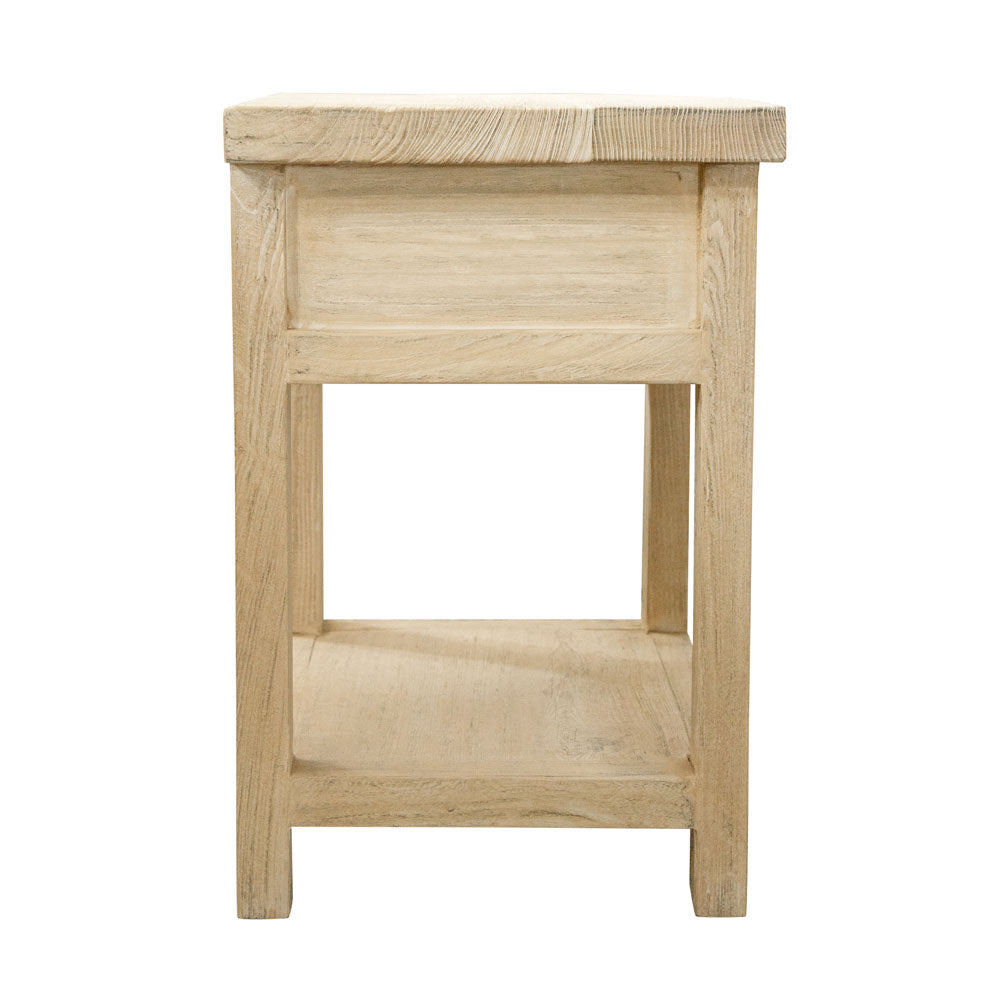 Clean simple elm wood bedside table viewed from the side.
