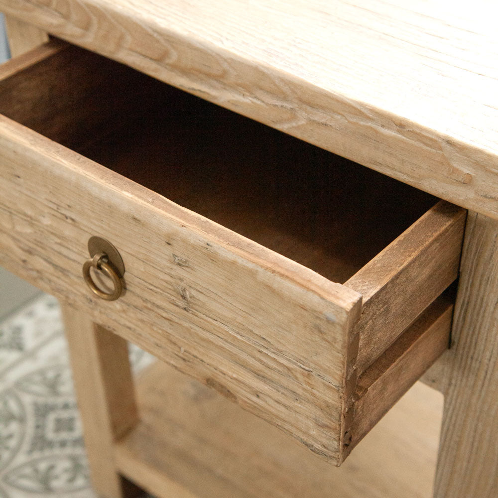 Drawer open on the drift elm wood bedside table.