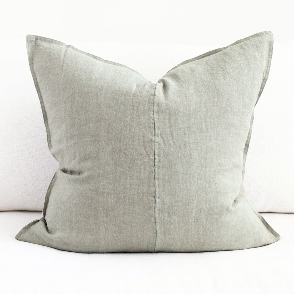 Large green grey eucalyptus coloured linen cushion.