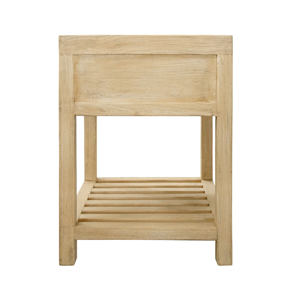 Elm wood bedside table with drawer and slatted shelf viewed from the side