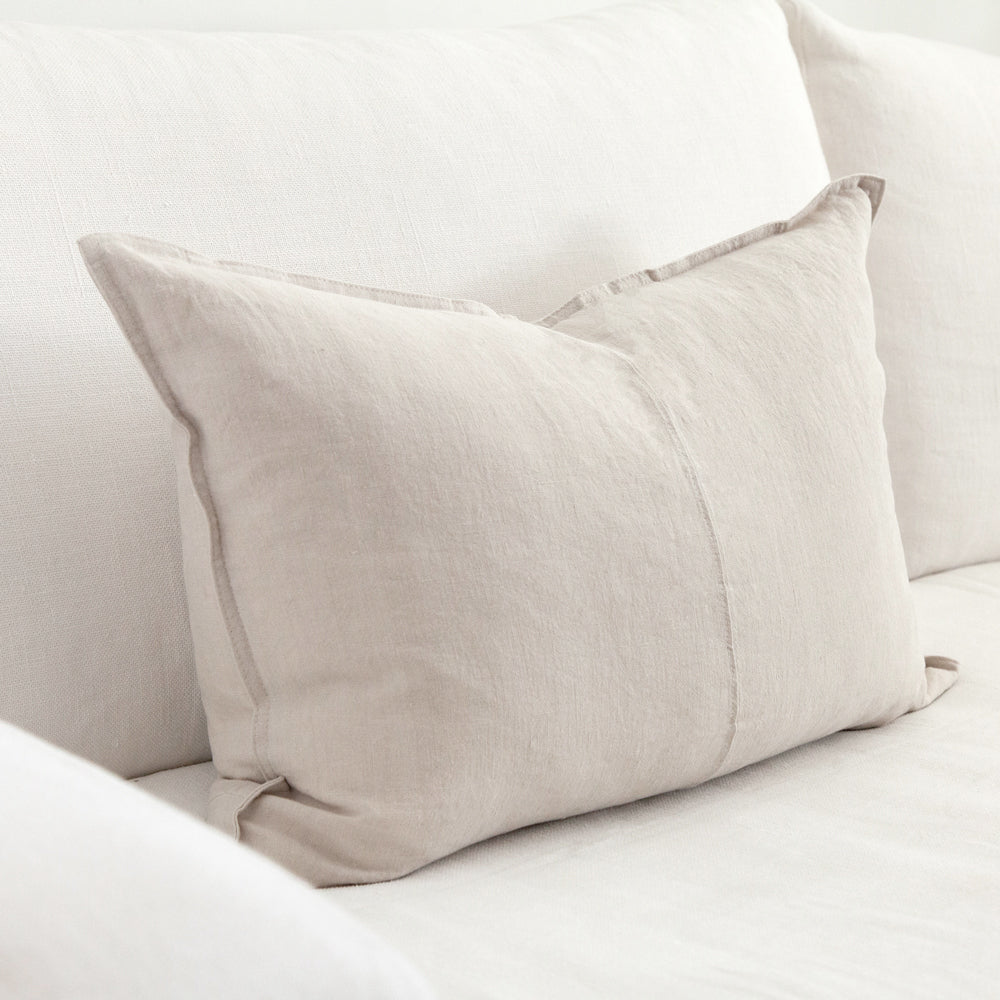 Rectangular linen cushion in soft beige grey.