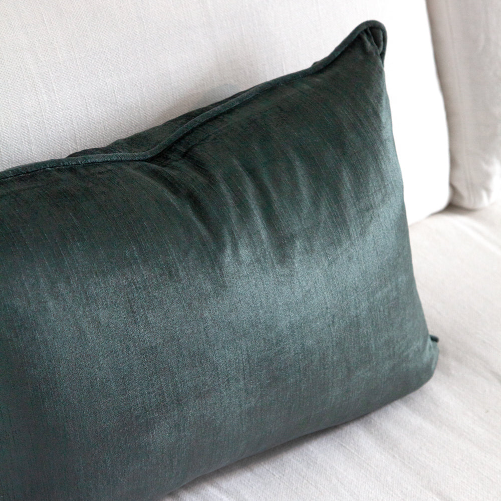 Deep teal green blue rectangular velvet cushion
