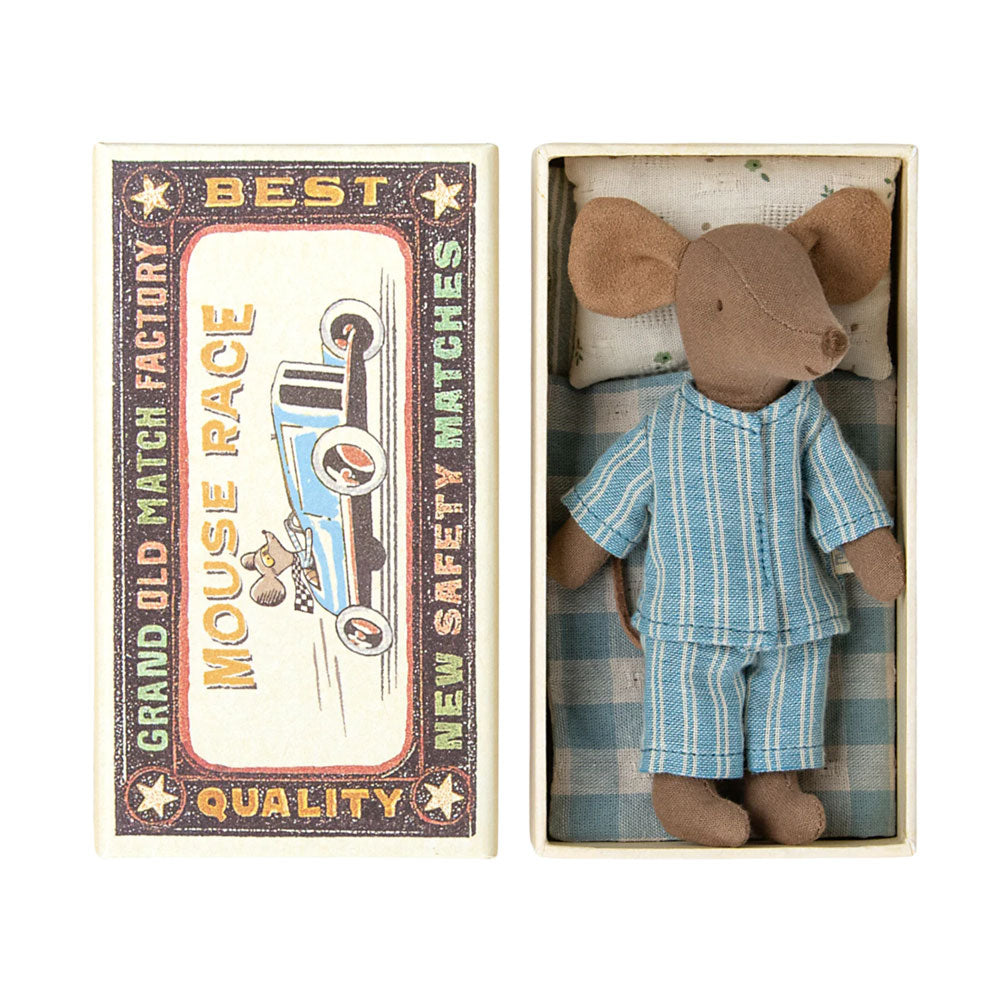 Maileg brown big brother mouse in blue striped pyjamas. 