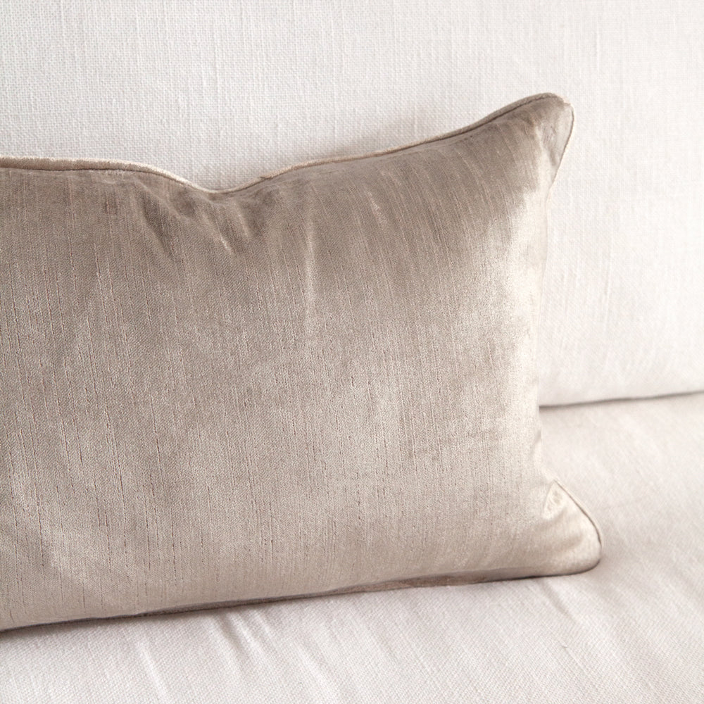 Grey Beige velvet cushion with piped edge. 