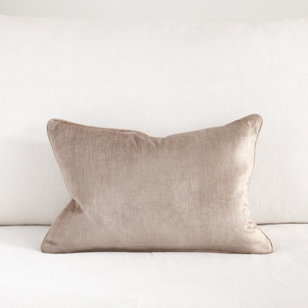 Grey Beige velvet cushion with piped edge. 