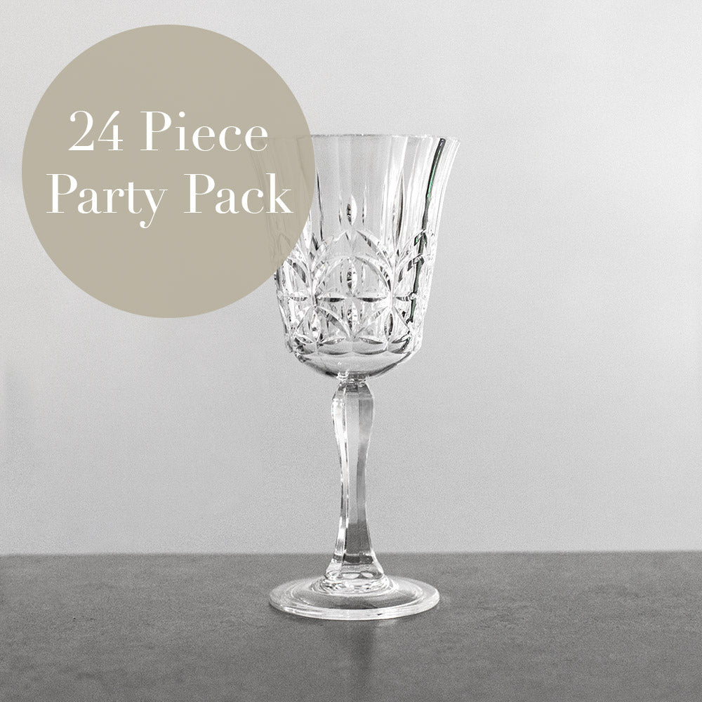 24 piece party pack of reusable plastic wine glasses.