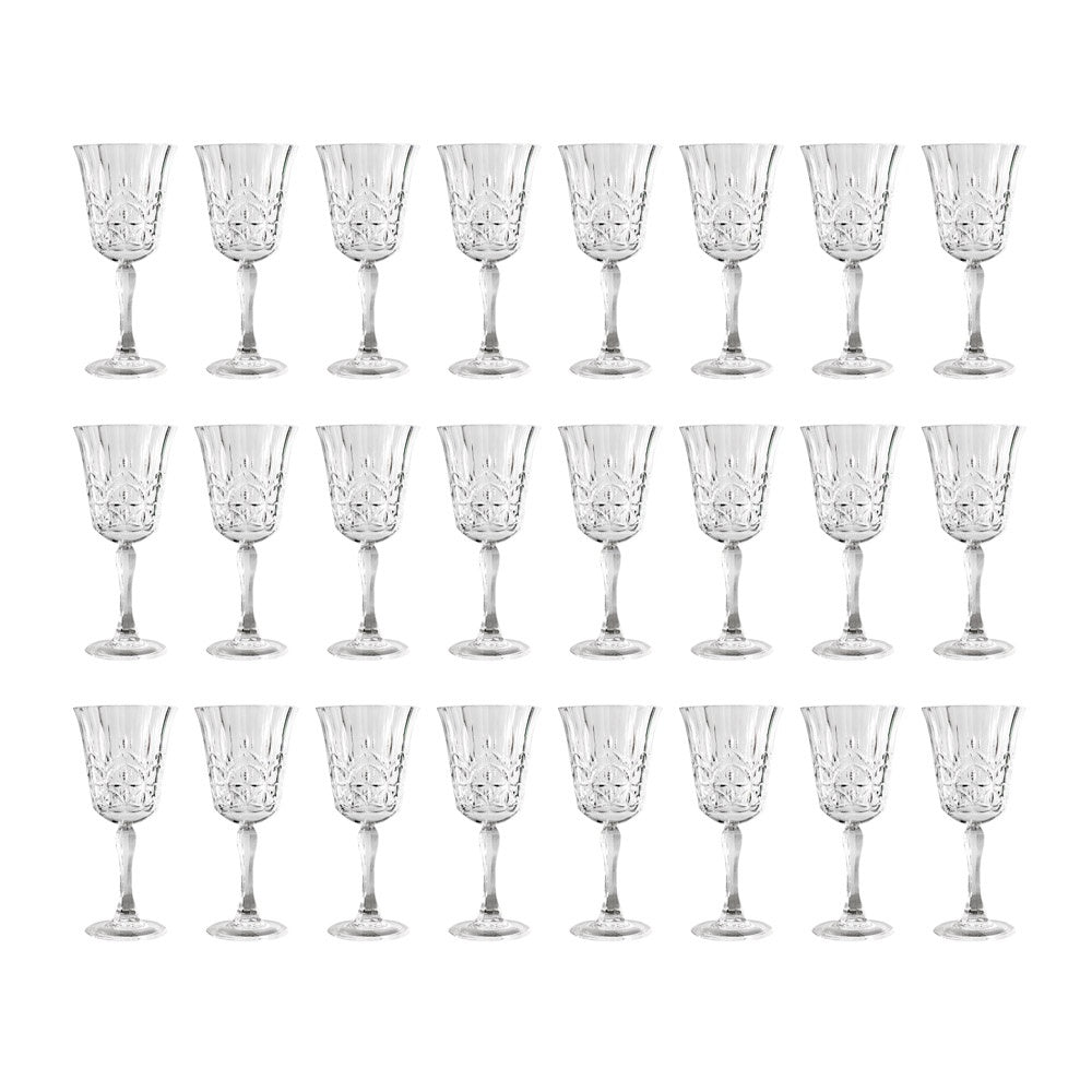 24 piece party pack of reusable plastic wine glasses.