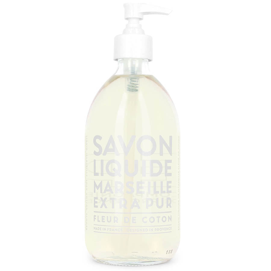 Compagne De Provence Cotton Flower Liquid Soap. Clear glass bottle with bold white text label.