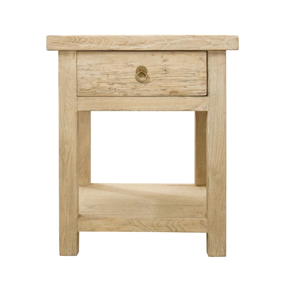 Clean simple elm wood bedside table with drawer.