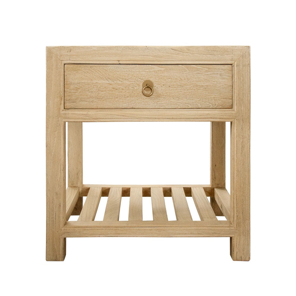 Elm wood bedside table with drawer and slatted shelf.
