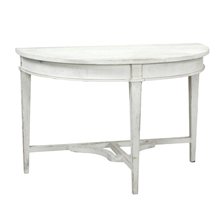 White demilune half circle table for hallway or entryway. 