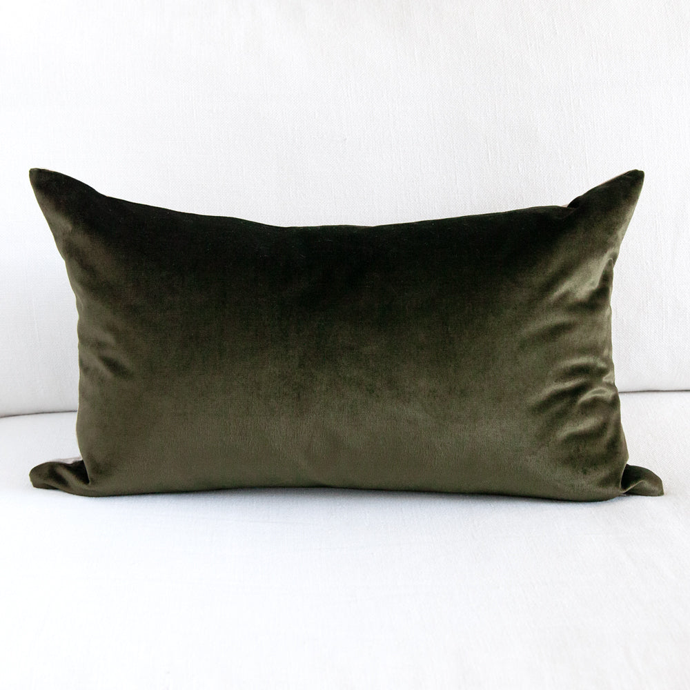Khaki green velvet cushion. Rectangular shape 33cm x 57cm.