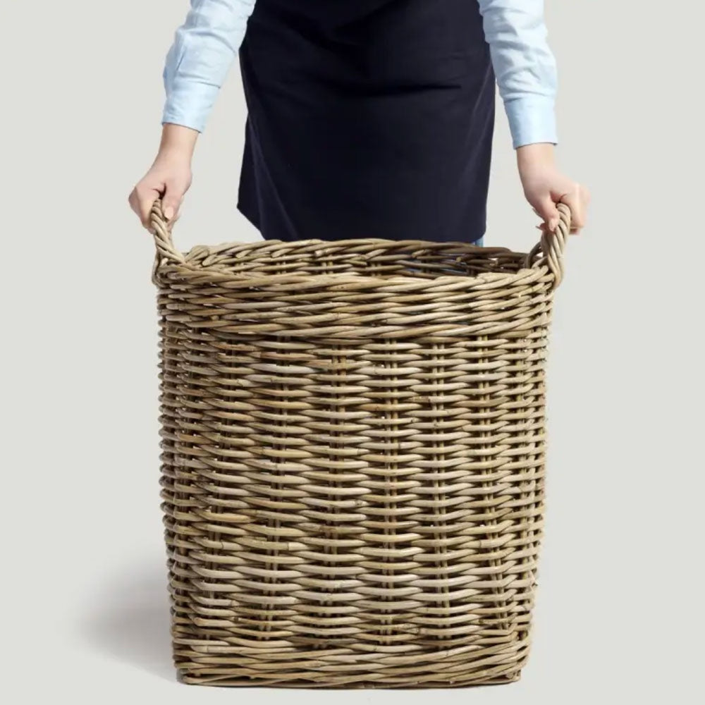 Large Rattan wicker basket with round top and square base. 