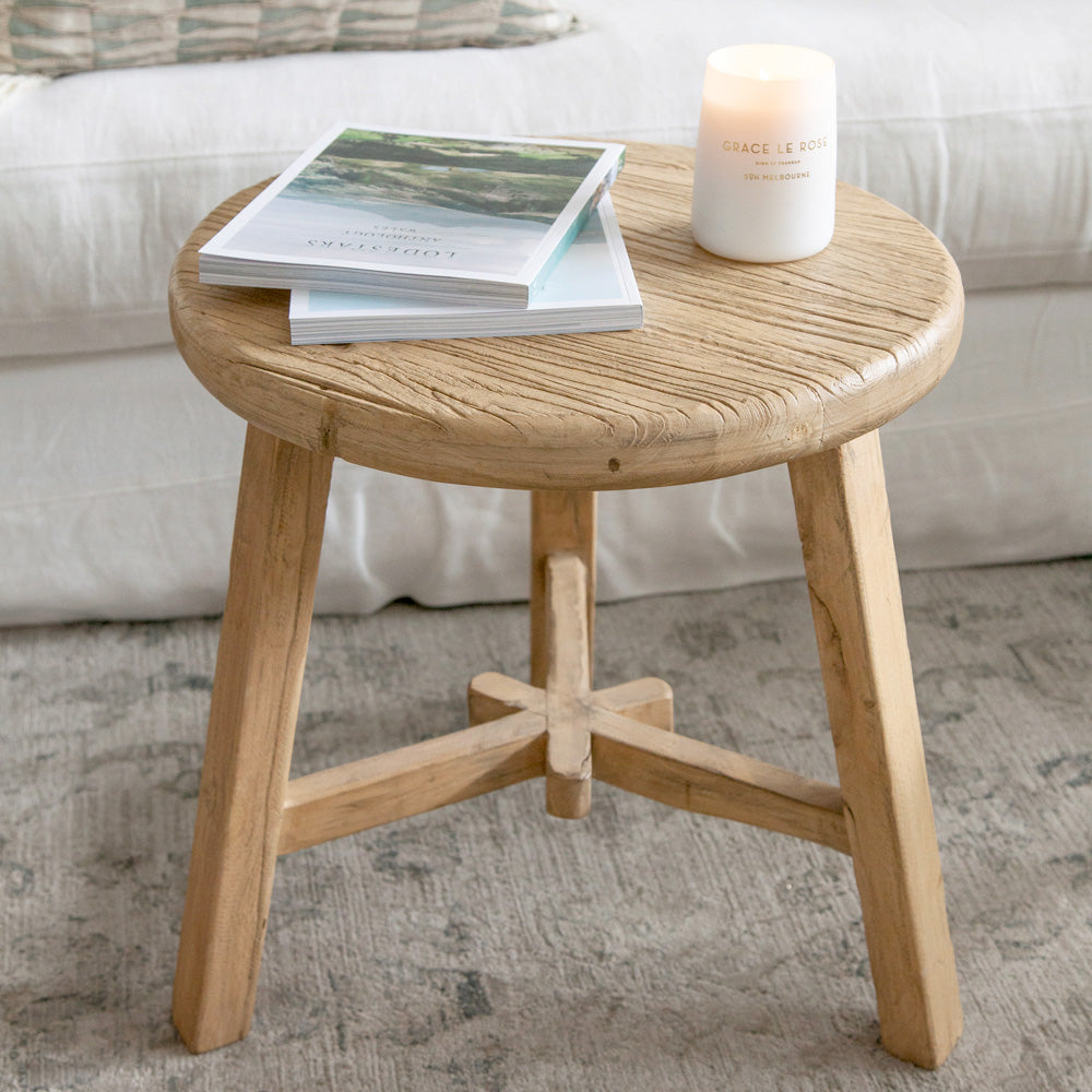 Milton Round Side Table Made from reclaimed elm wood Pepperwhites