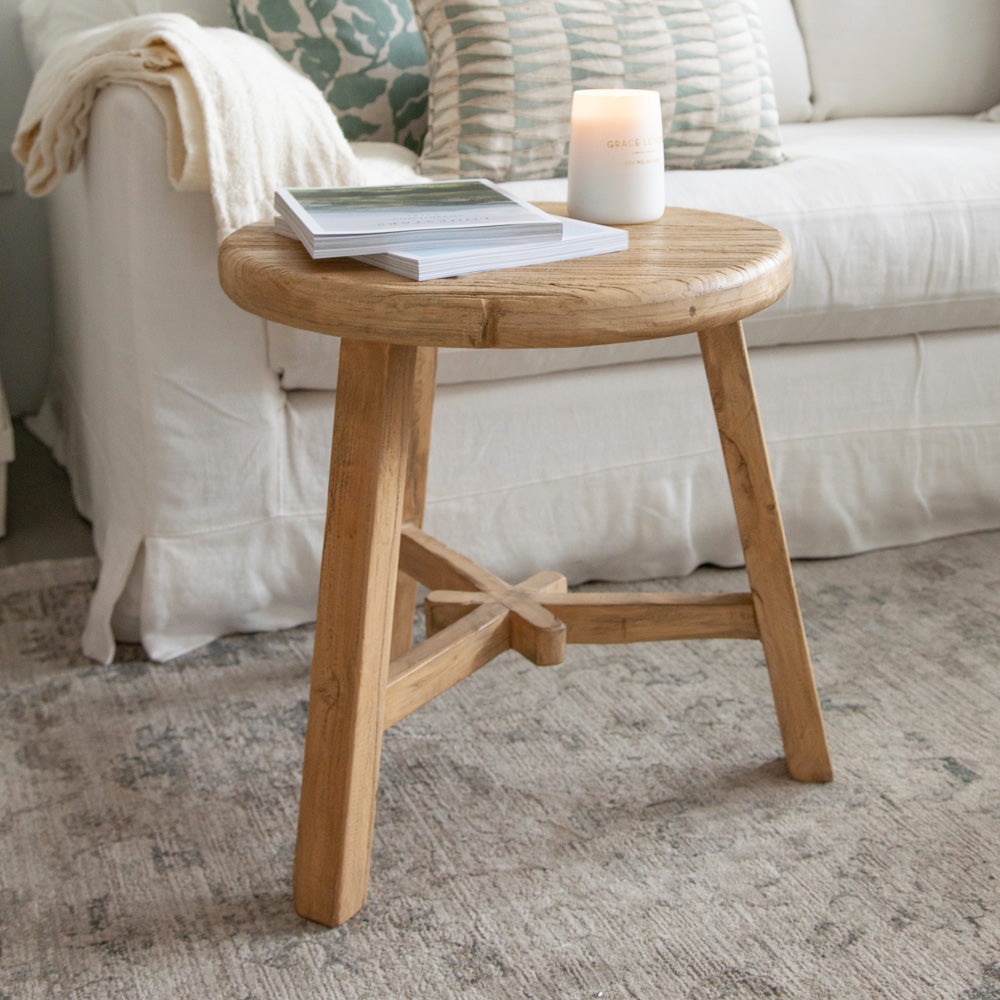 Milton Round Side Table Made from reclaimed elm wood Pepperwhites