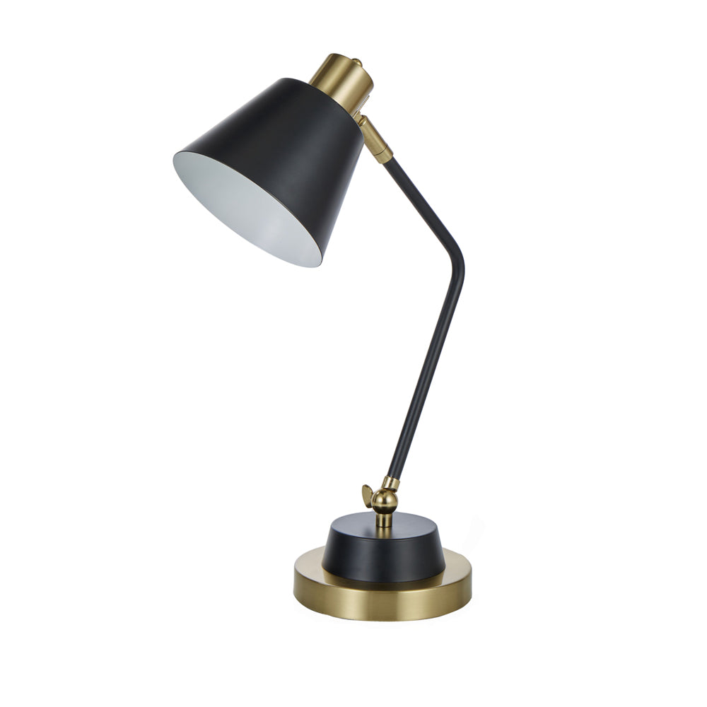 Black and brass desk lamp.