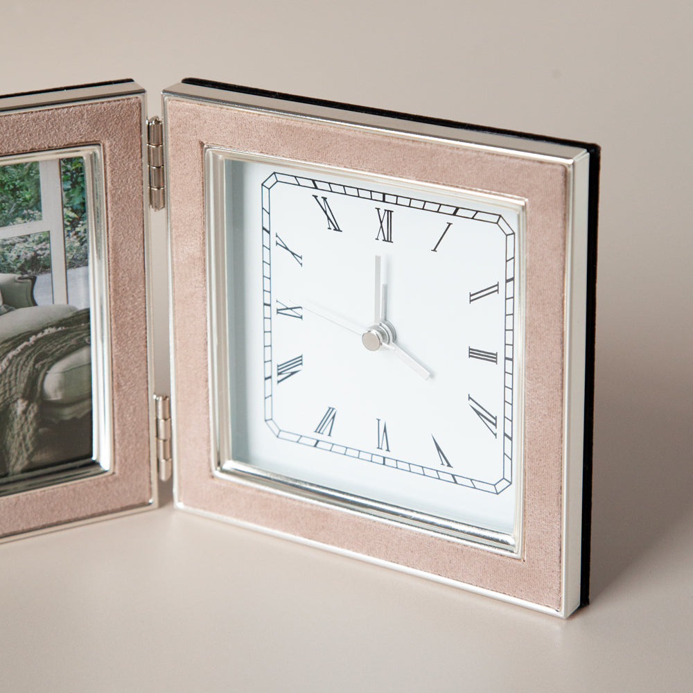 Hinged Suede Double Frame & Clock