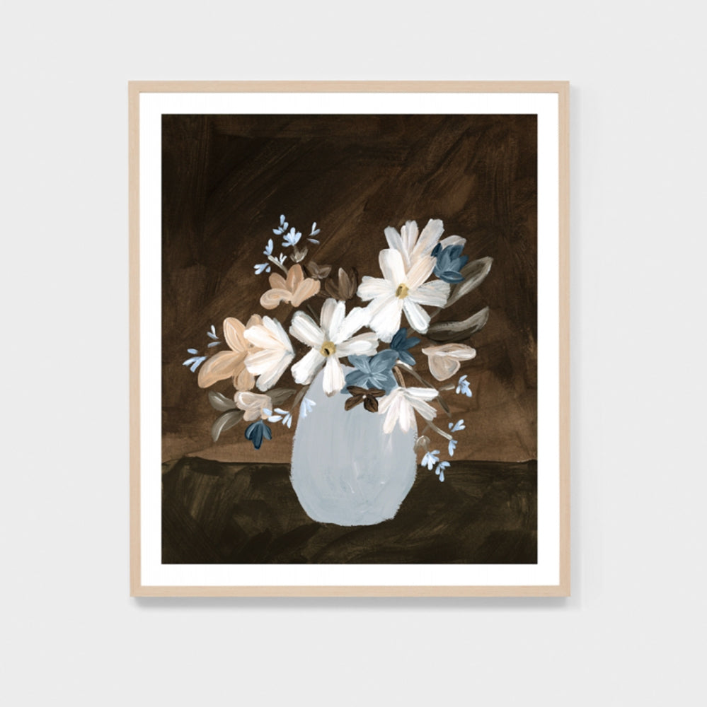 Print of a painterly flower arrangement in blue vase with dark brown background. 