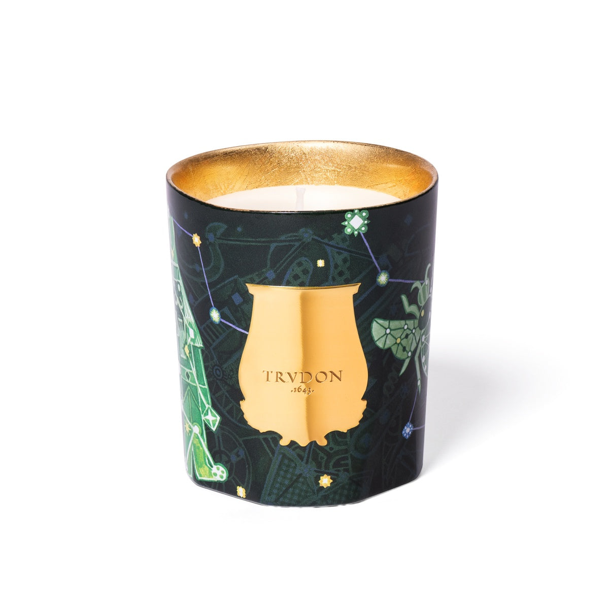 Trudon Fir Christmas Candle. Green vessel with gold interior and shield. 