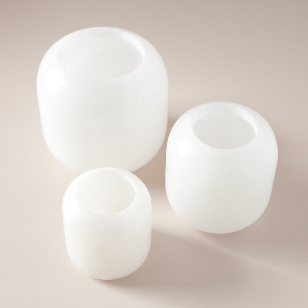 Small Alabaster votive displayed with two larger sizes.