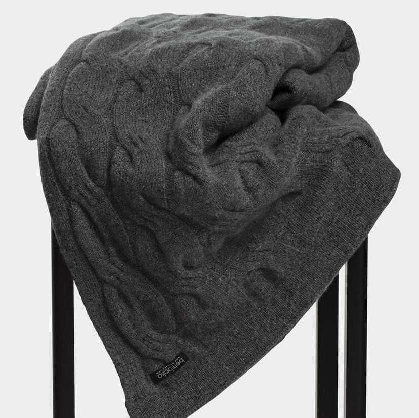 Bemboka Cashmere Chunky Cable Knit Throw in Charcoal.