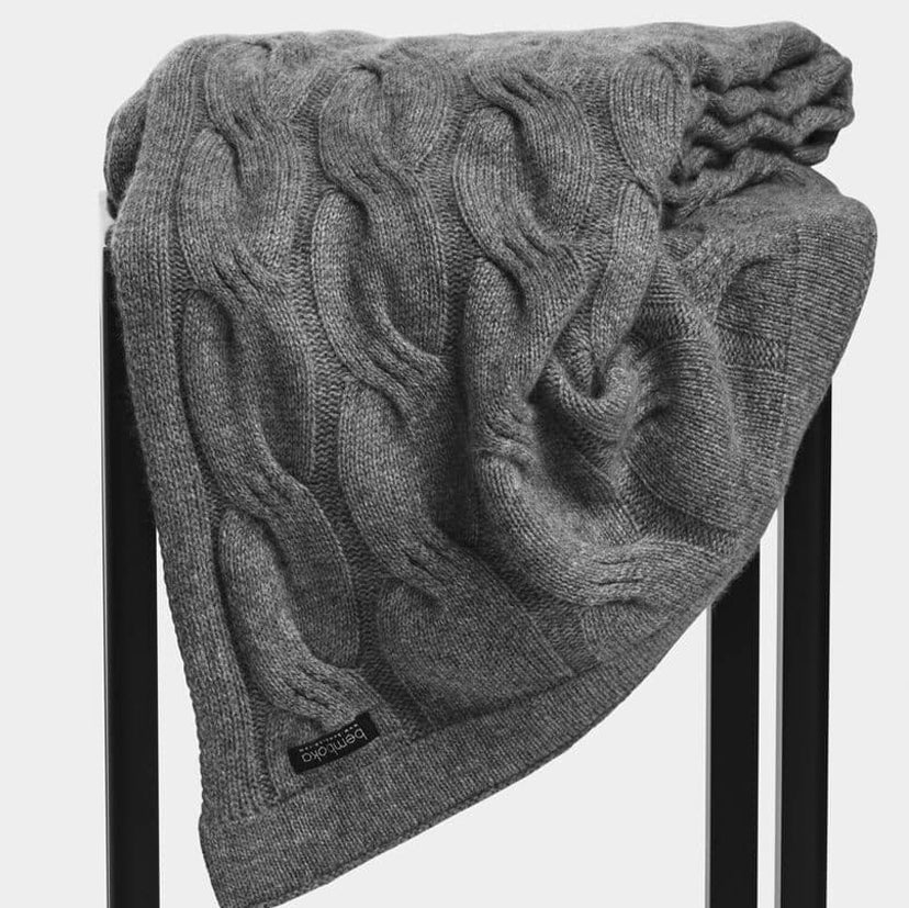 Bemboka Cashmere Chunky Cable Knit Throw in Pale Grey.