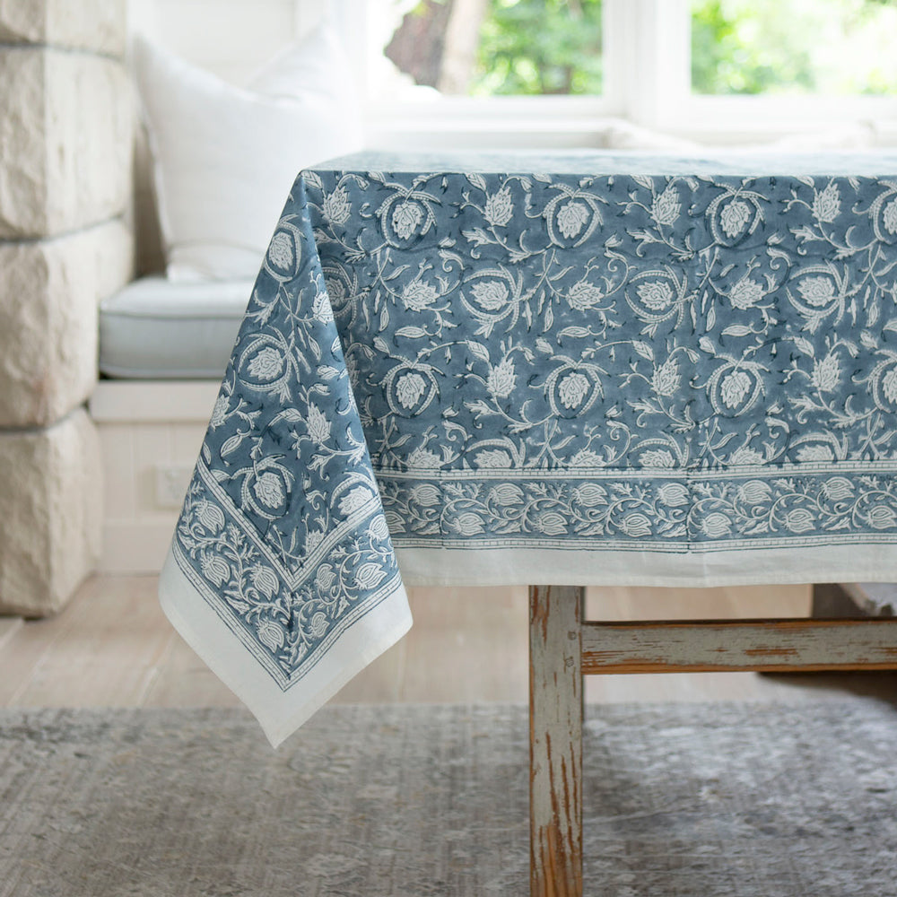 Blue block printed tablecloth.