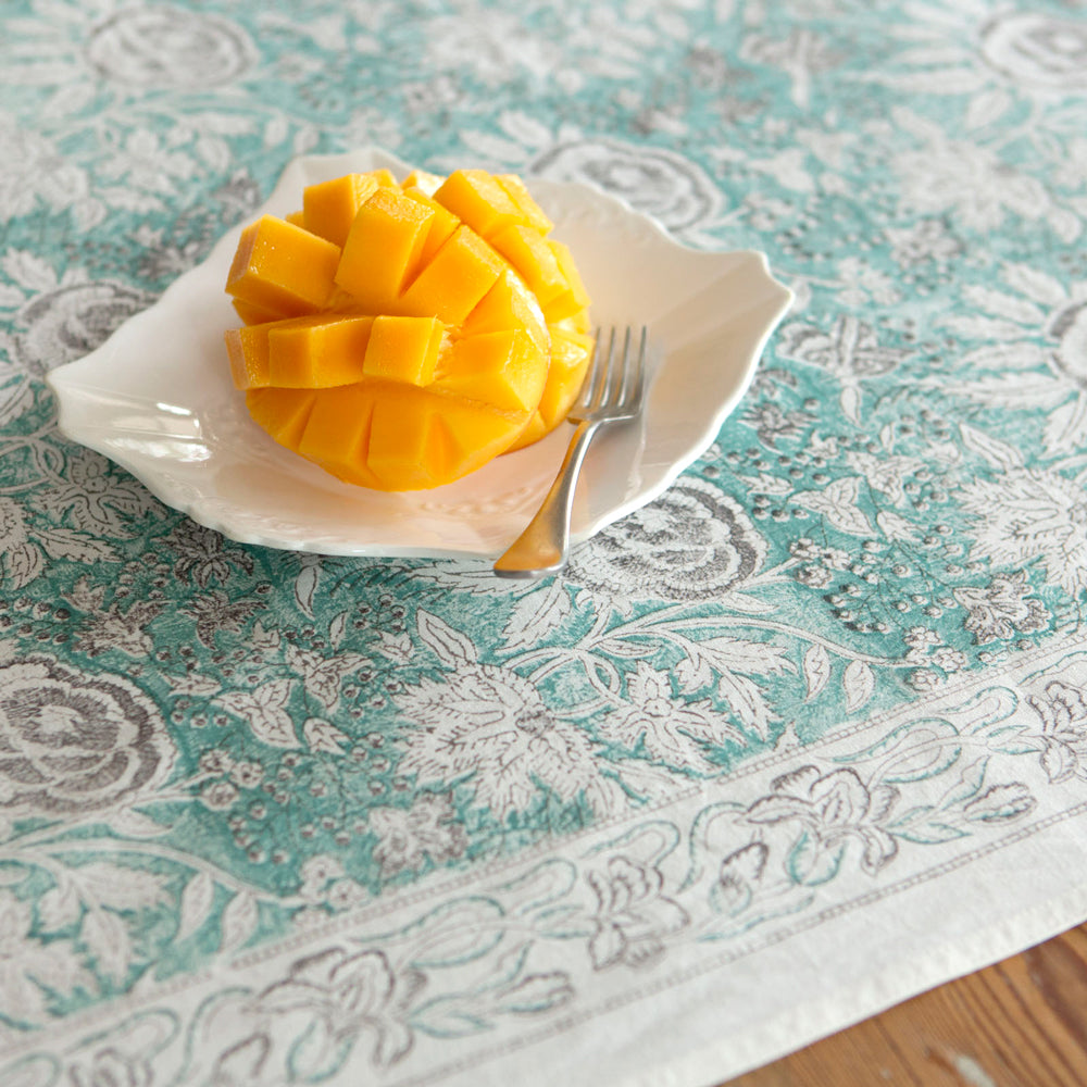 Block Printed tablecloth on table.
