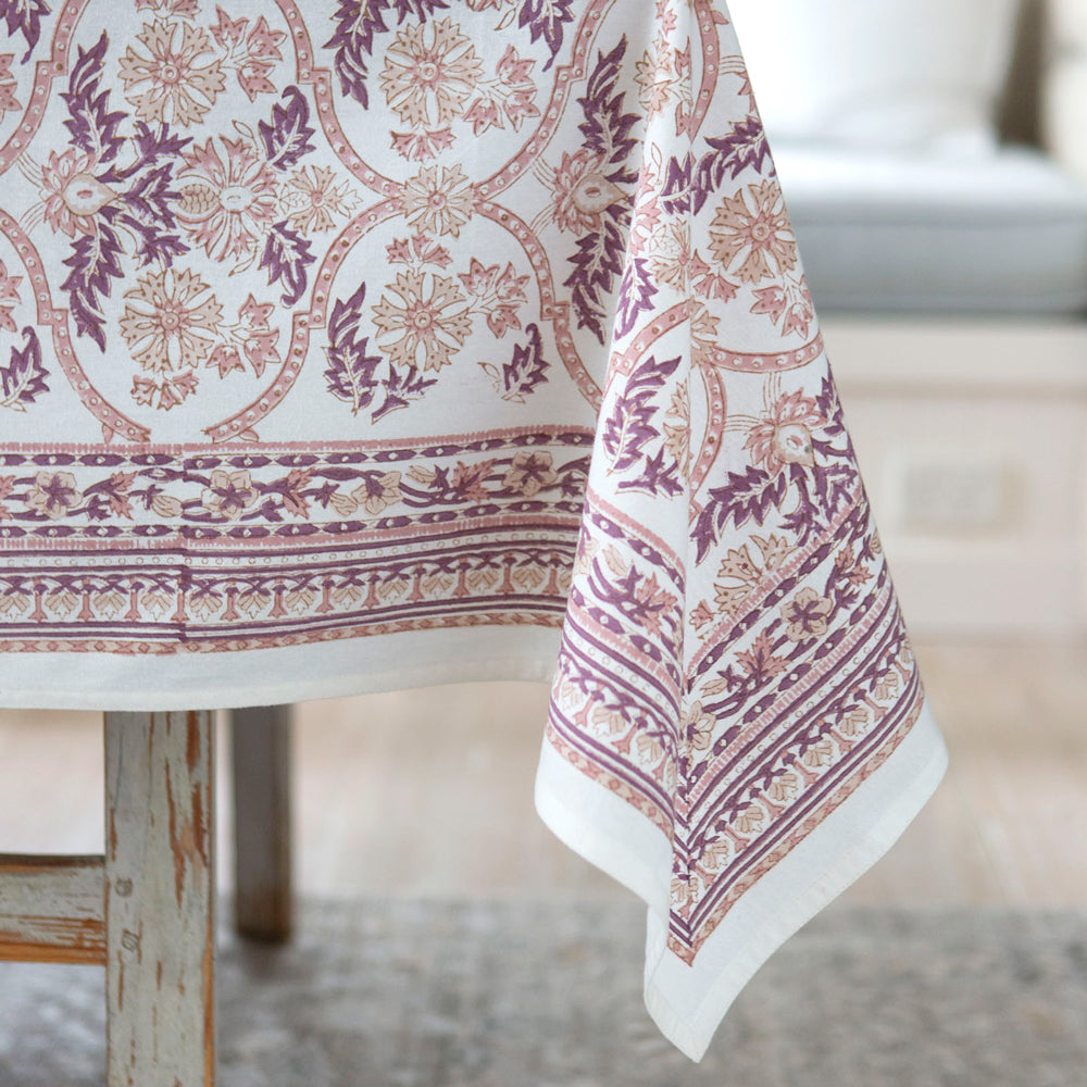 Pink block printed tablecloth.