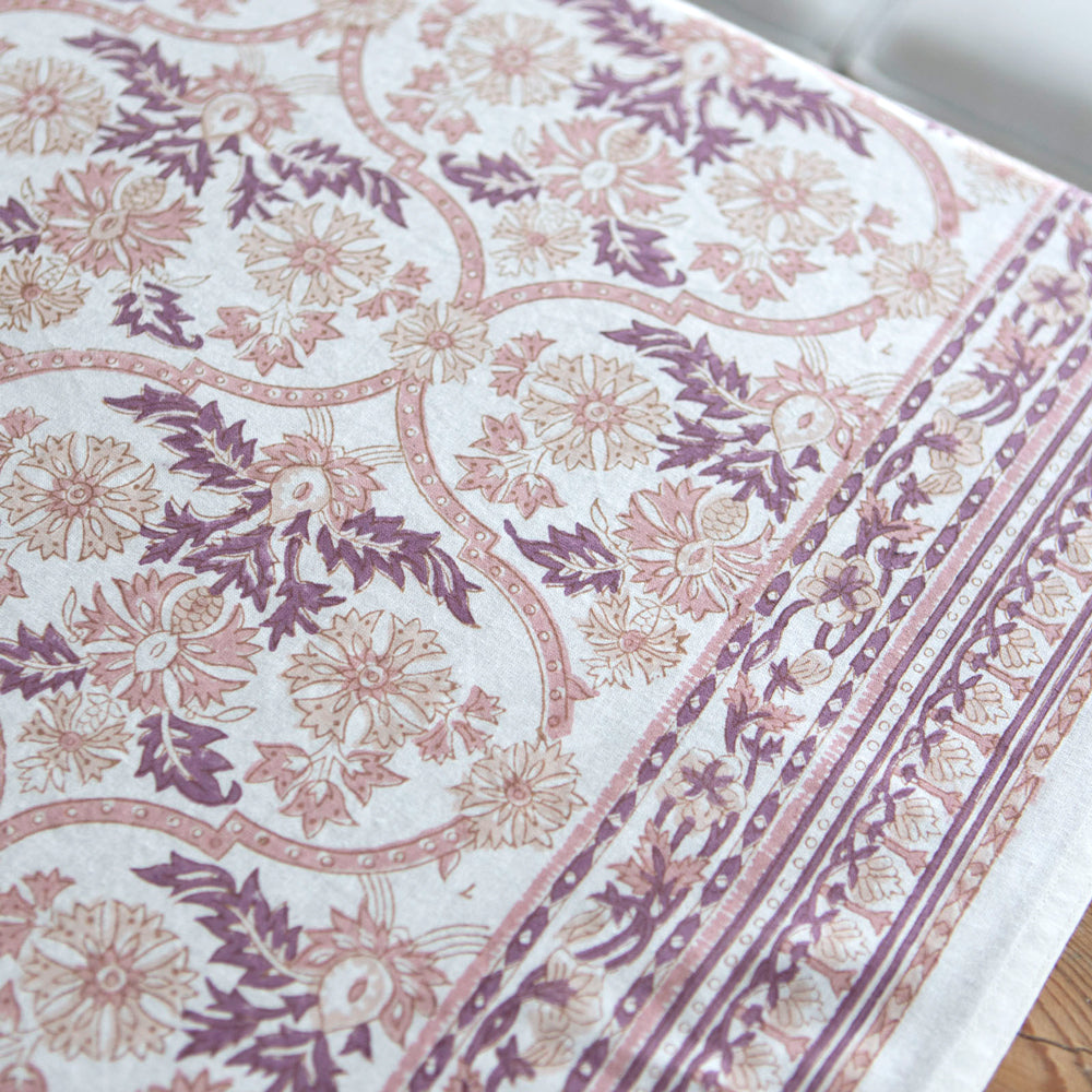 Pink block printed tablecloth.