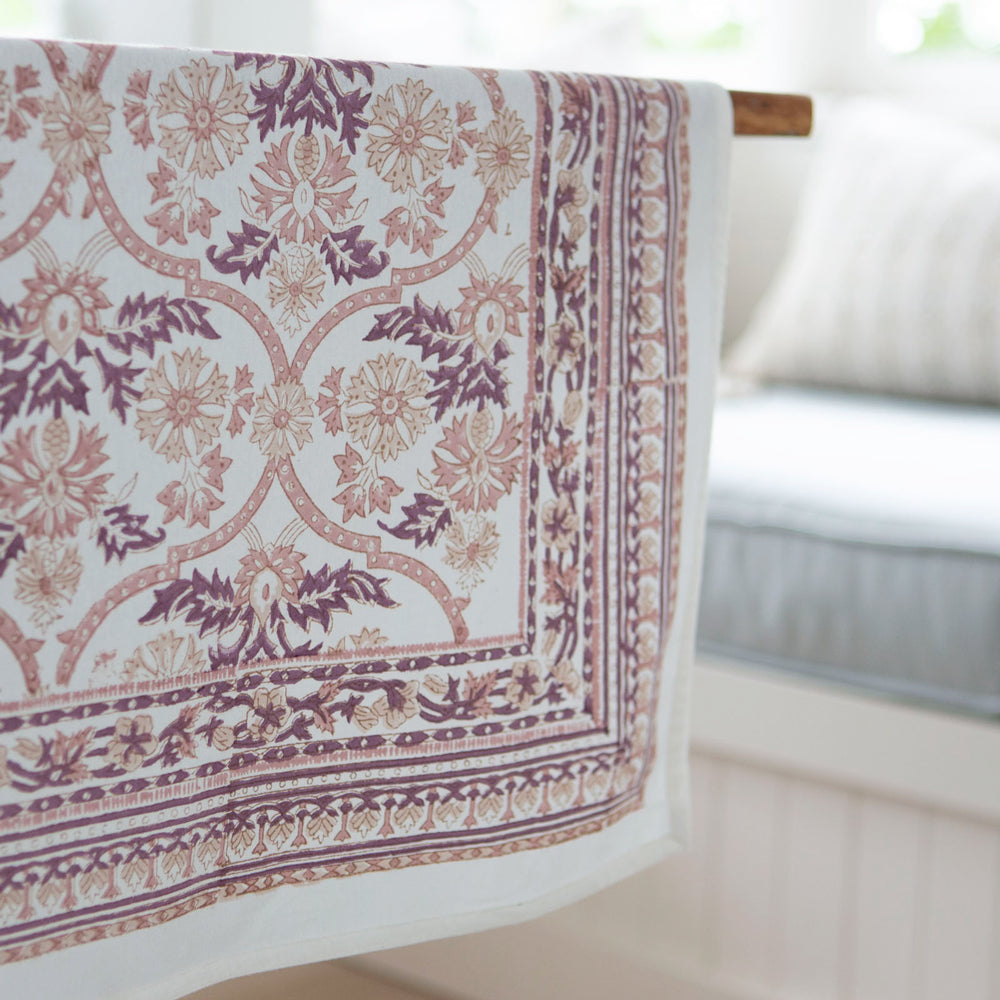 Pink block printed tablecloth.