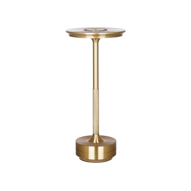 Modern table lamp in brass finish. Three LED light settings. Chargeable and portable.