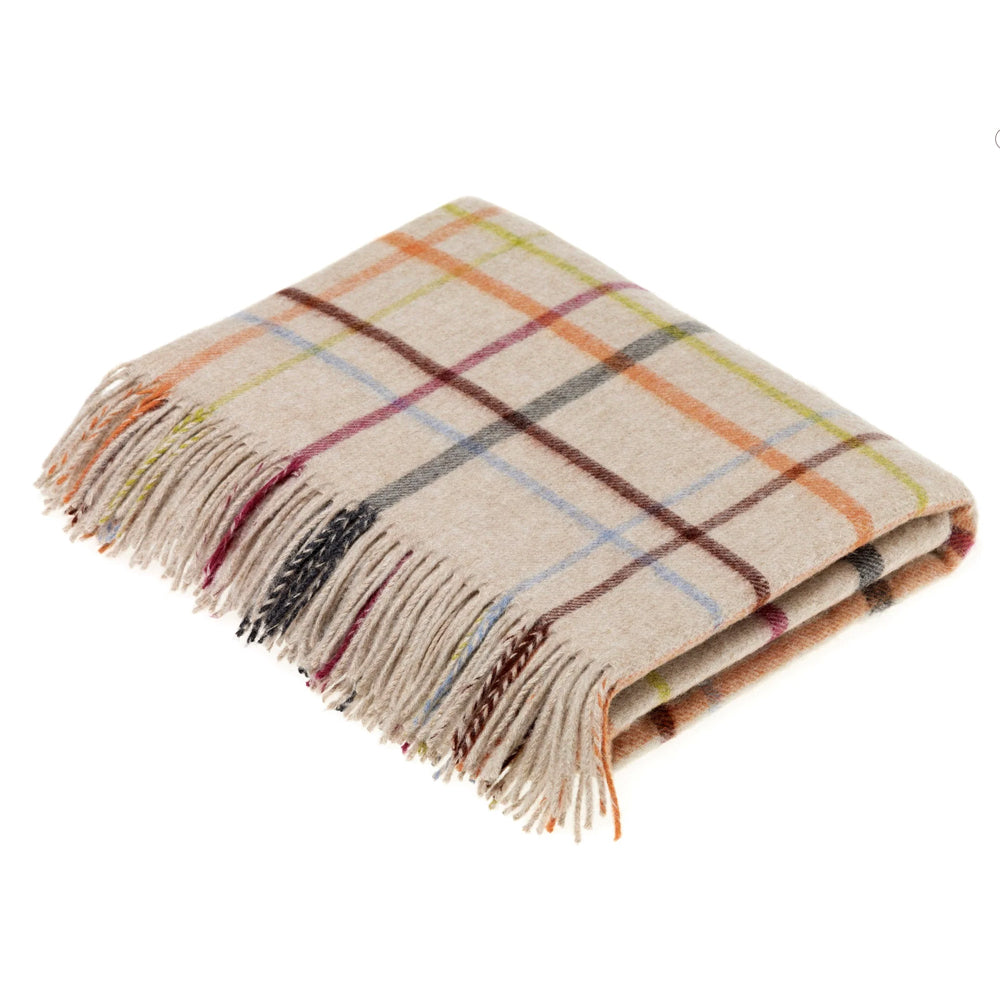 Bronte Beige throw with multicoloured stripes.