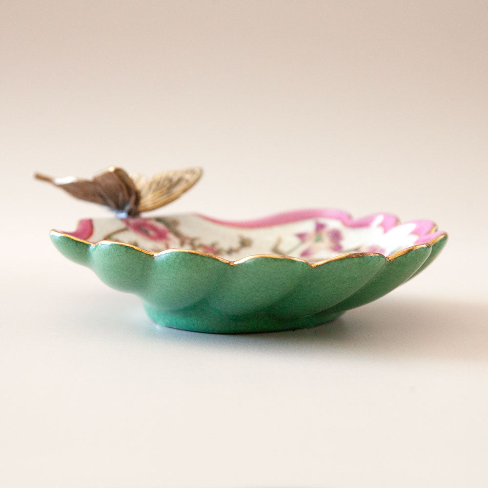 Pink and green floral soap dish with bronze butterfly. C.A.M. Pepperwhites