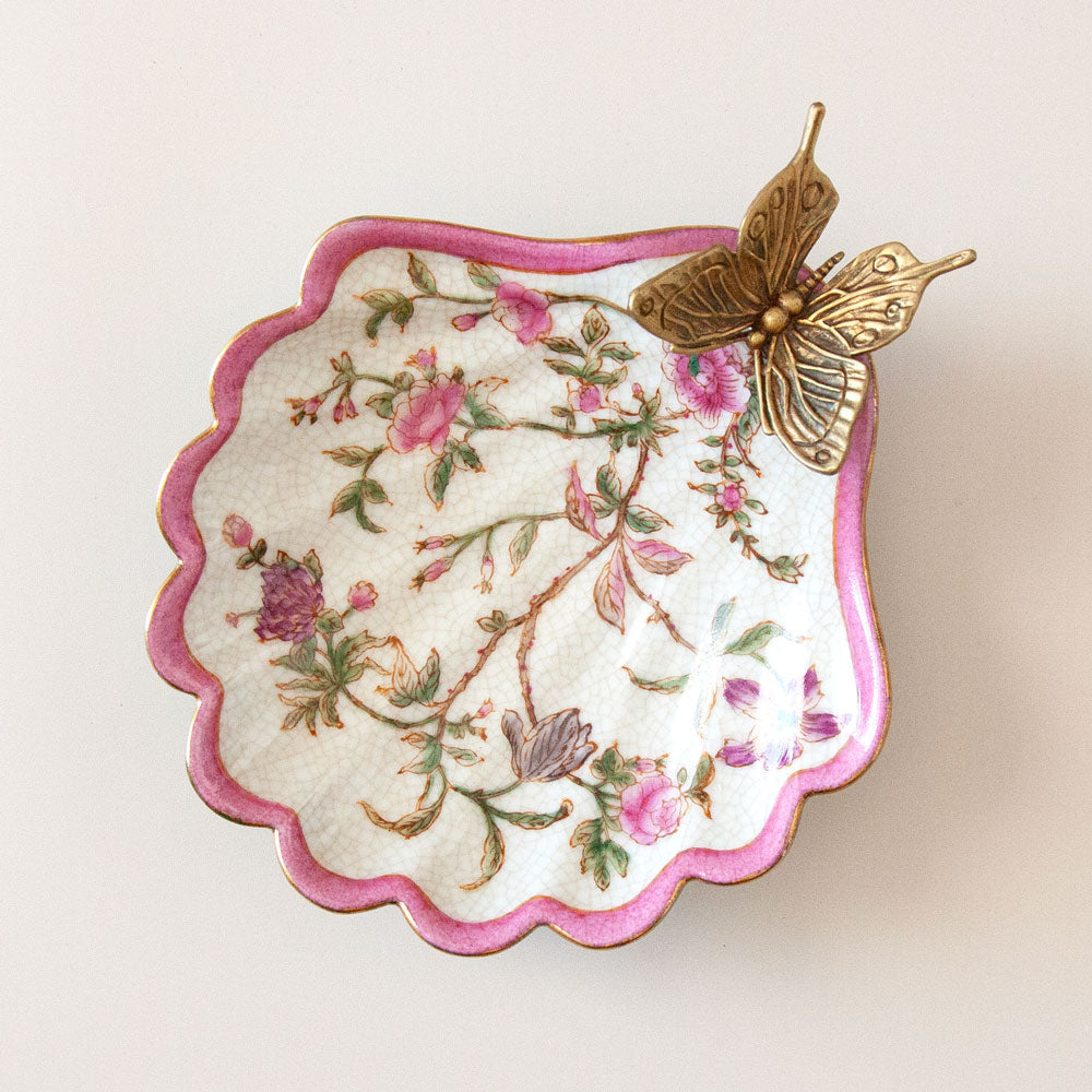 Pink and green floral soap dish with bronze butterfly.