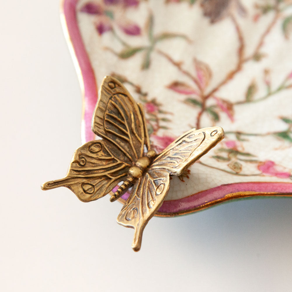 Close up of bronze butterfly on ceramic soap dish.