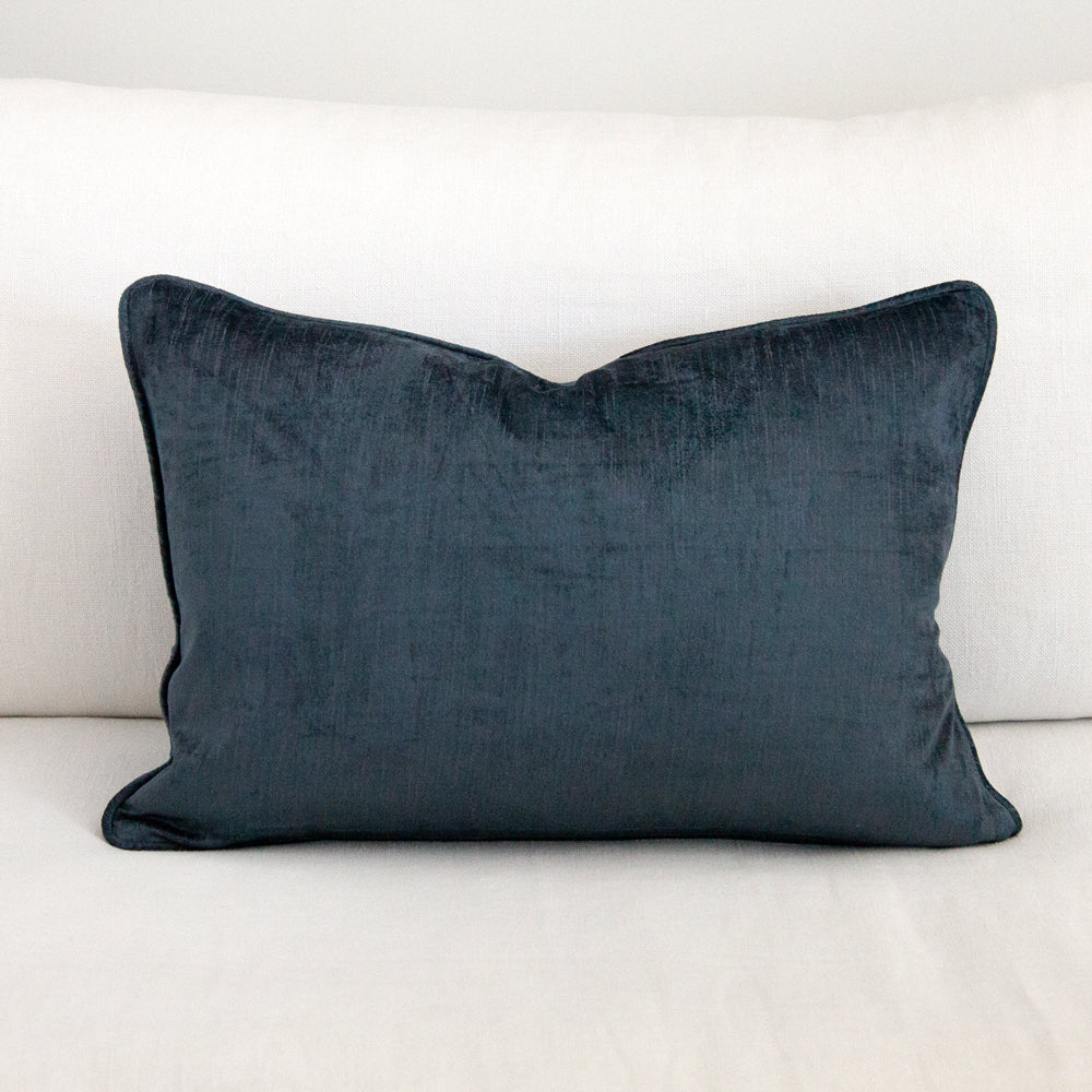 Blue crushed velvet rectangular cushion.