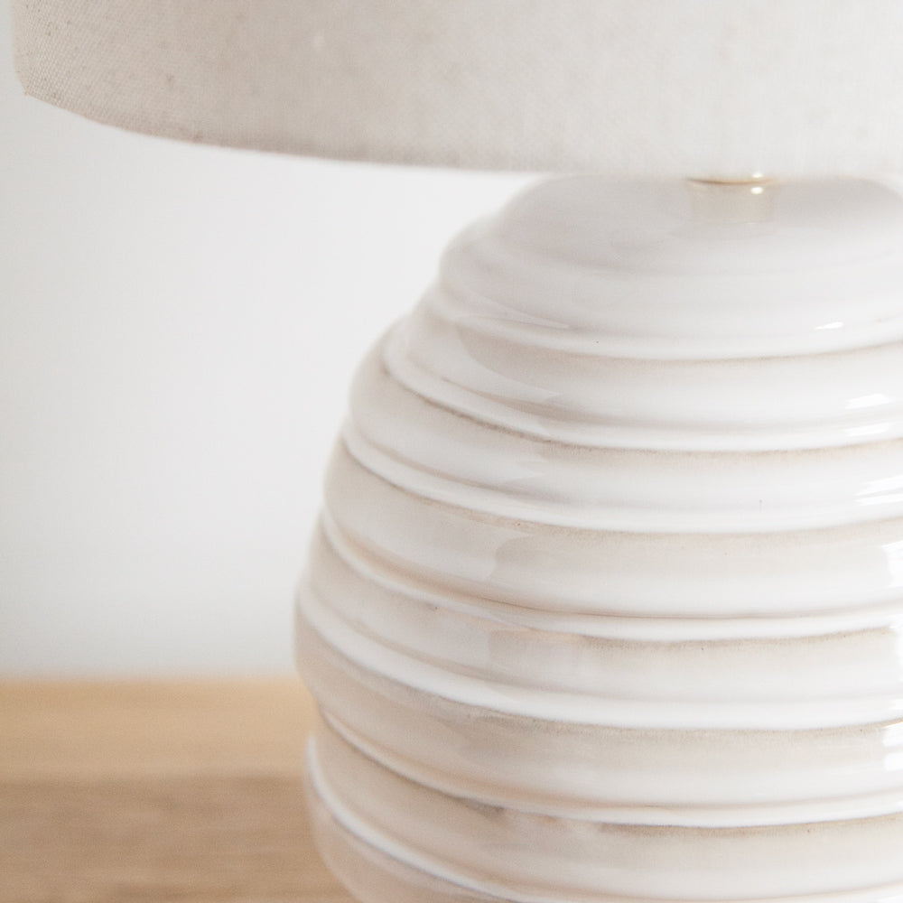 Close up of the detail of a small ceramic lamp.