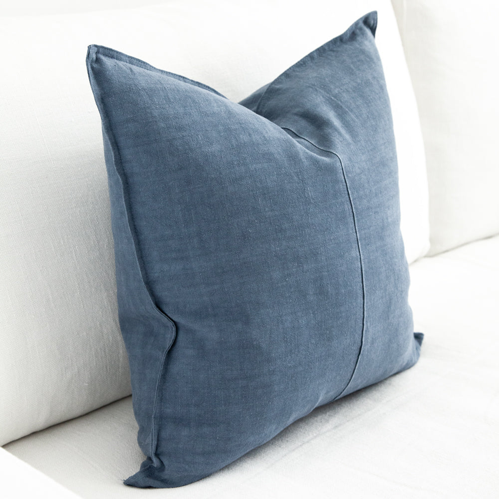 French blue square linen cushion. 