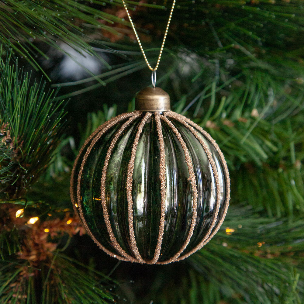 Green glass ribbed bauble