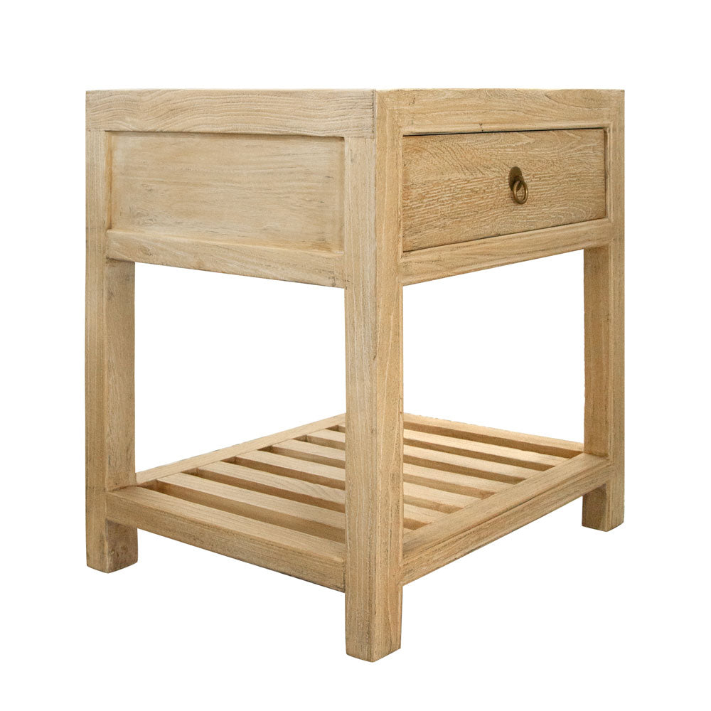 Elm wood bedside table with drawer and slatted shelf.