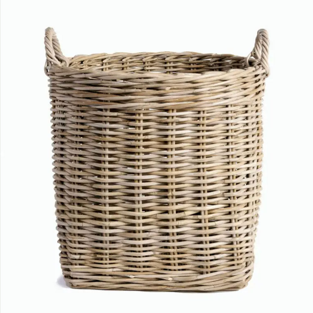 Large rattan wicker basket with round top and square base. 