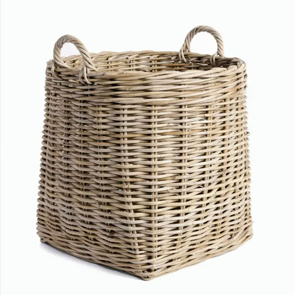 Large Rattan wicker basket with round top and square base. 