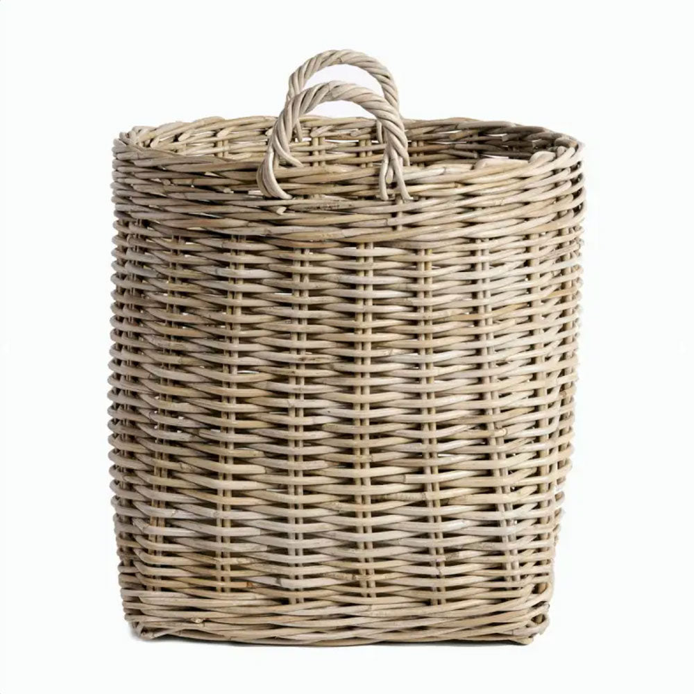 Large rattan wicker basket with round top and square base.