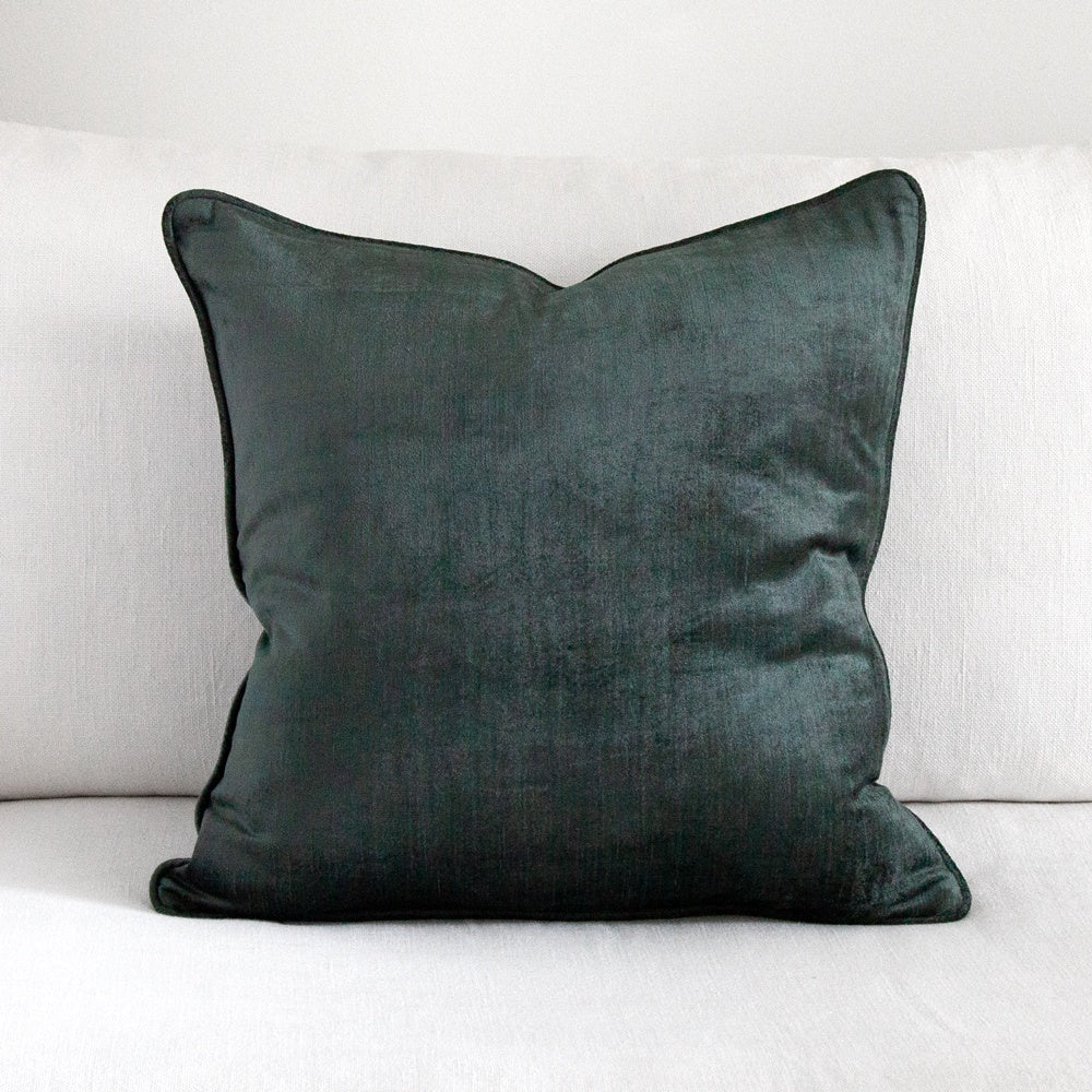 Deep teal green blue square velvet cushion.